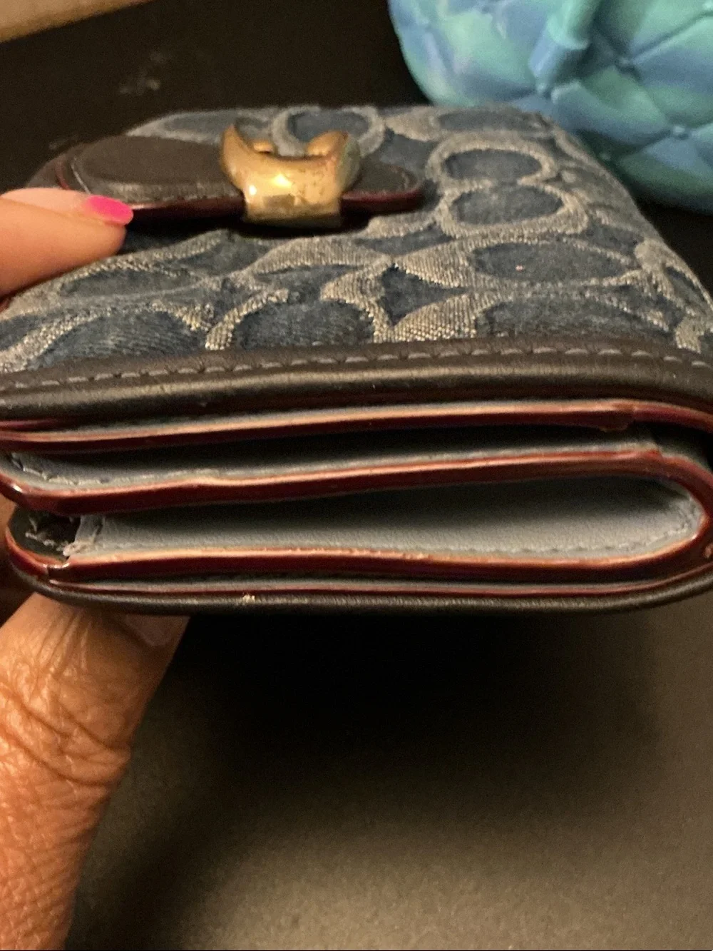 Coach Denim Signature C Compact Wallet in Dark Blue with Gold Hardware